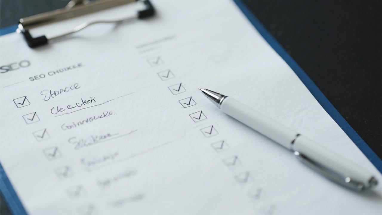 SEO checklist sheet with ticks and notes, close-up view of planning document, pen on the side, clean paper and soft light.