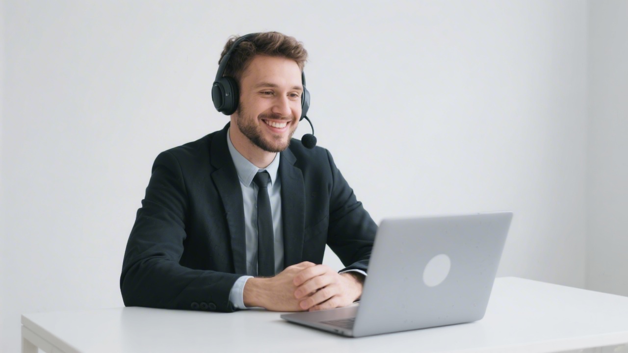 Friendly SEO consultant on video call with headset, laptop on desk, clean background and professional appearance, suitable for remote consultations.
