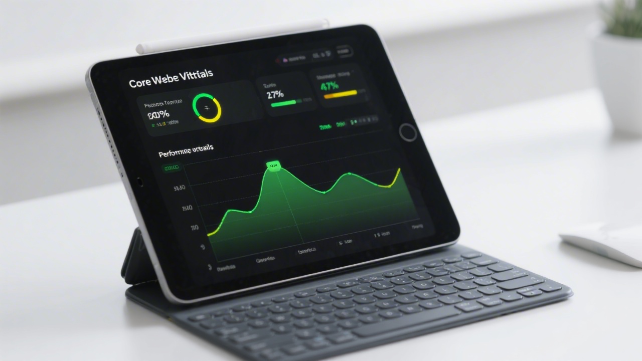 Performance monitoring screen showing Core Web Vitals metrics, clean graphs with green and yellow indicators, minimal workspace with tablet and keyboard.