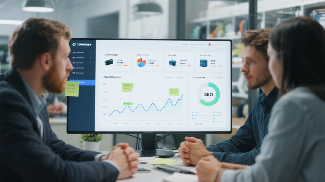 E-commerce dashboard with product categories, organic traffic chart and SEO notes, modern retail analytics environment with focused team discussion.