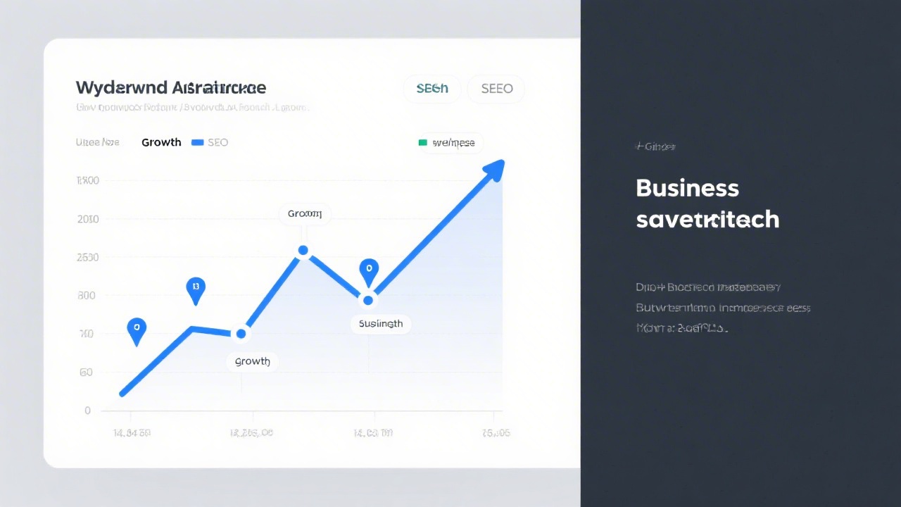 Clean growth chart with blue line moving upward, SEO annotations and milestone markers, minimalistic presentation slide prepared for business stakeholders.