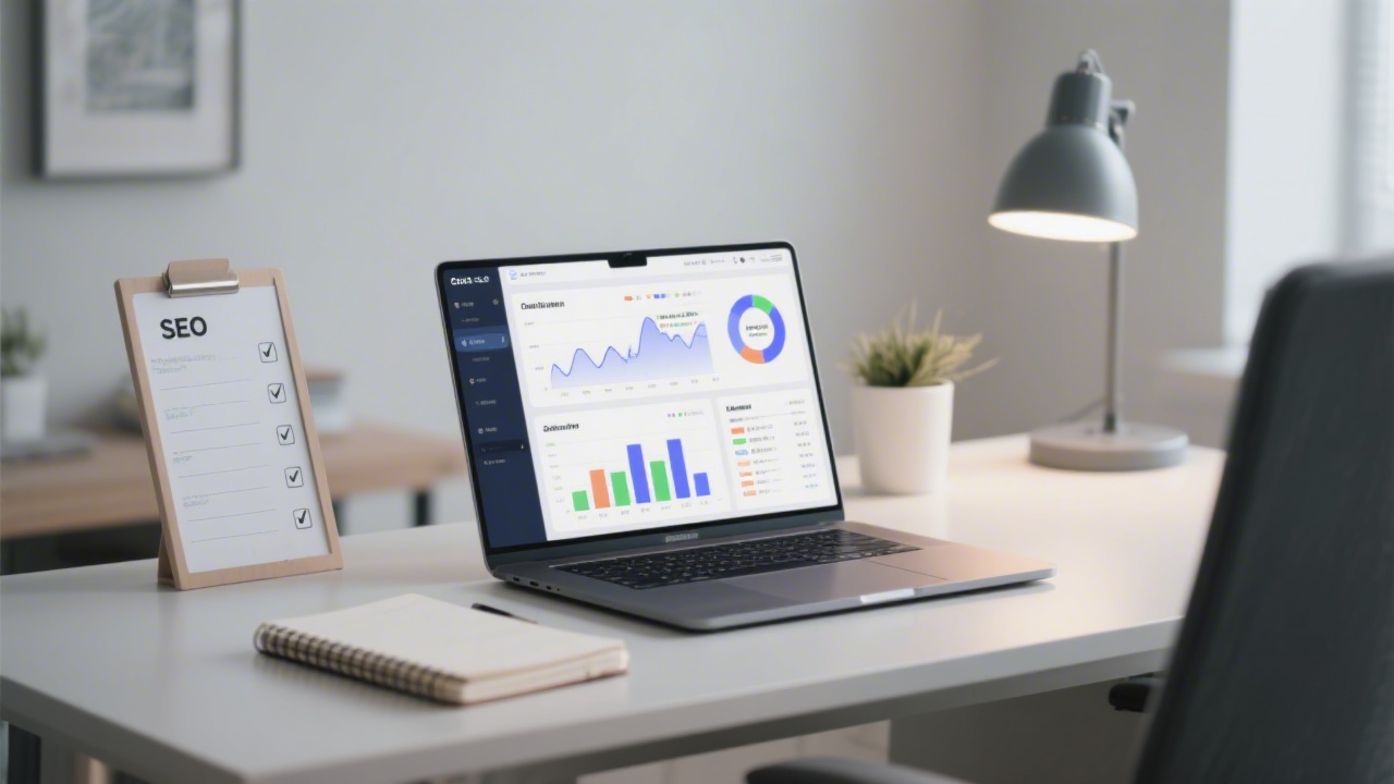 Professional workspace with laptop showing analytics dashboard, SEO checklist on desk and simple notebook, modern office lighting, minimal decor, focused atmosphere for optimization tasks.