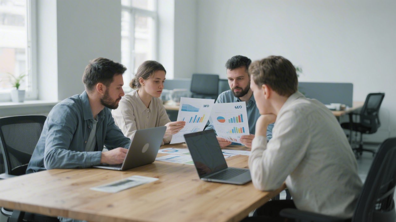 Small SEO team in a modern office reviewing printed analytics reports on a wooden table, laptops open, calm atmosphere, neutral colors and soft light.