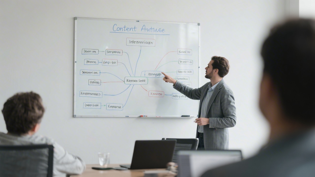 Content outline on whiteboard with headings, internal links and keyword map, presenter pointing to structured on-page SEO framework in a workshop.