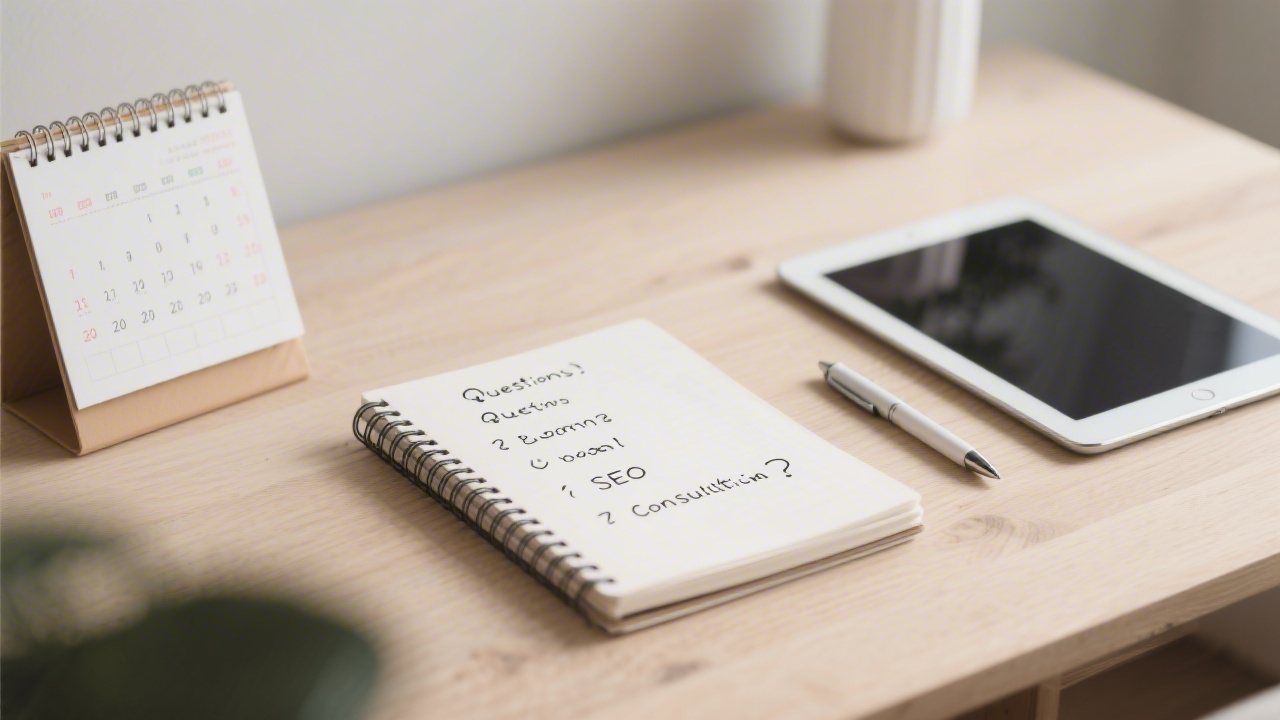 Notebook with prepared questions for SEO consultation, open calendar, pen and tablet on a clean wooden desk, neutral professional setting.