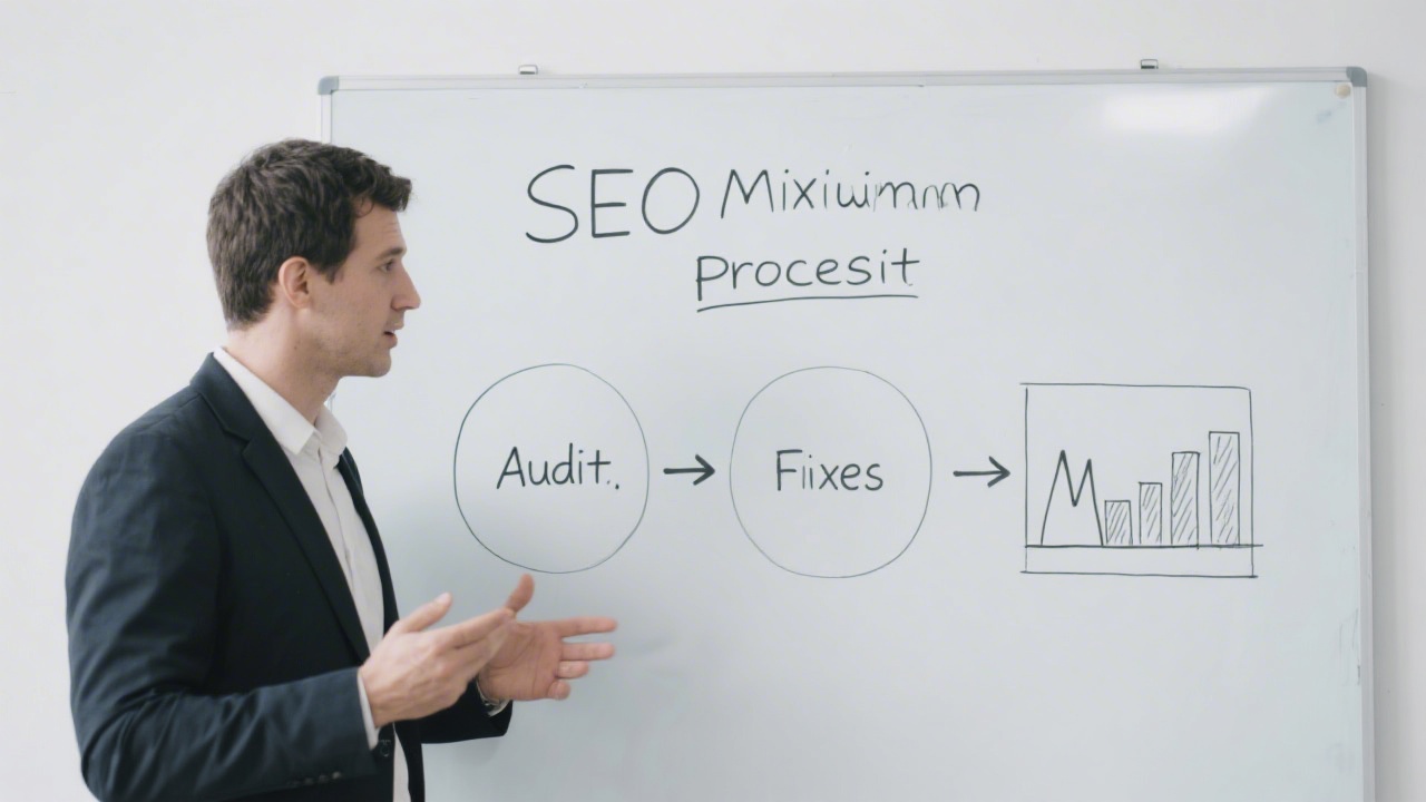 Process diagram showing SEO steps, arrows between audit, fixes and measurement, clean graphic on a whiteboard with a presenter explaining.