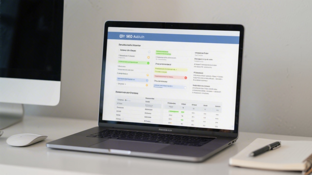Detailed SEO audit report open on laptop with highlighted issues, professional desktop setup, notebook and pen with neutral background.