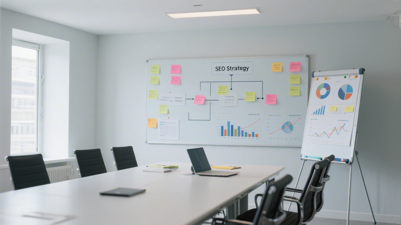 SEO strategy board with flowchart, sticky notes and analytics charts, modern meeting room with minimal design, focus on planning and prioritization.