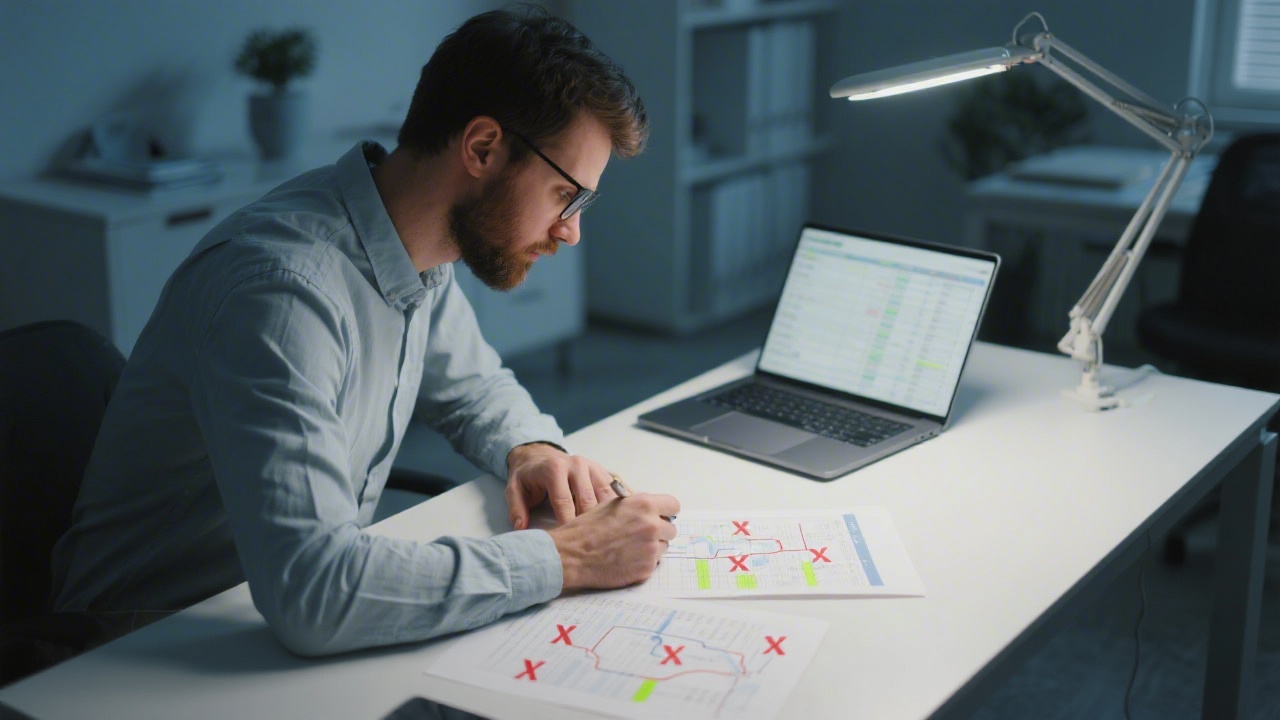 SEO specialist reviewing technical audit spreadsheet with highlighted errors, laptop and printed sitemap, modern desk with focused lighting for detailed analysis.