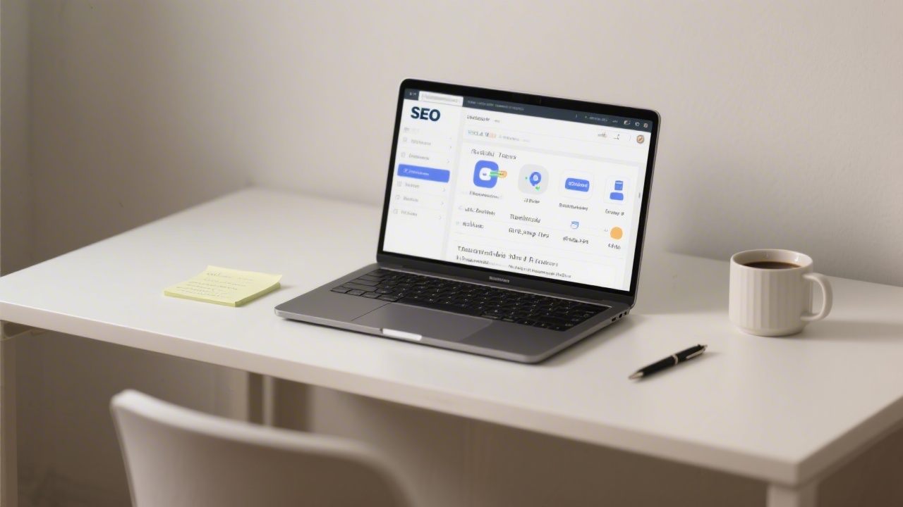 Minimal desk with SEO tools open on laptop, notes on technical fixes, pen and coffee cup, neutral background with a clean and professional workspace setup.