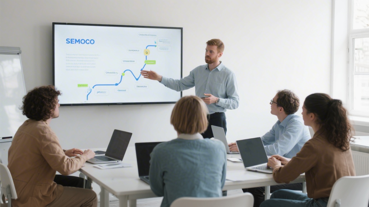 Small group workshop with instructor explaining SEO roadmap on large screen, participants with laptops, clean classroom setting with natural light.